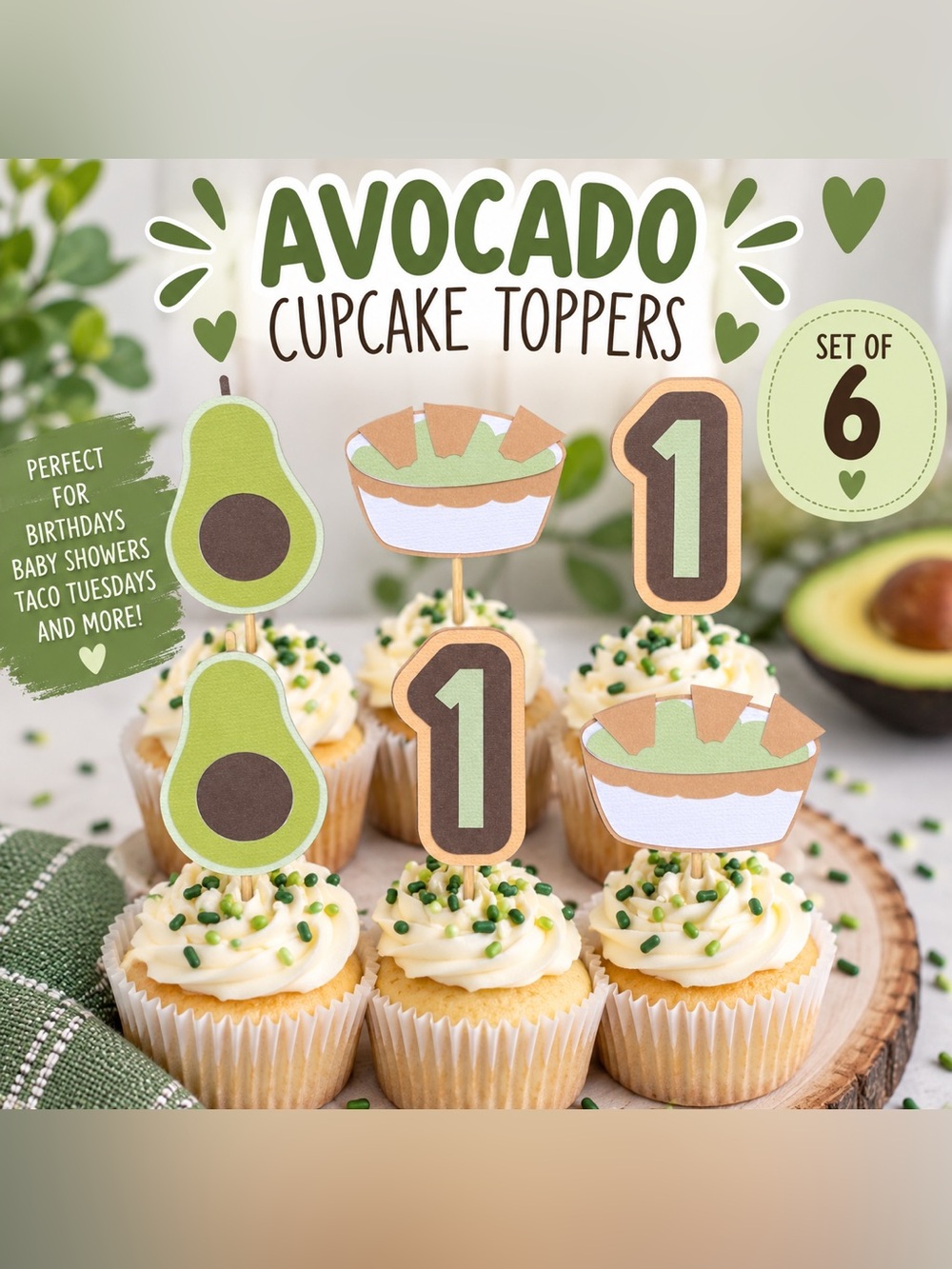 Avocado First Birthday Cupcake Toppers Set of 6 Guacamole Taco Party One